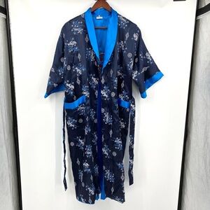 Zensation Kimono Unisex XL Robe Reversible Blue Embroidered Dragon Floral Satin‎